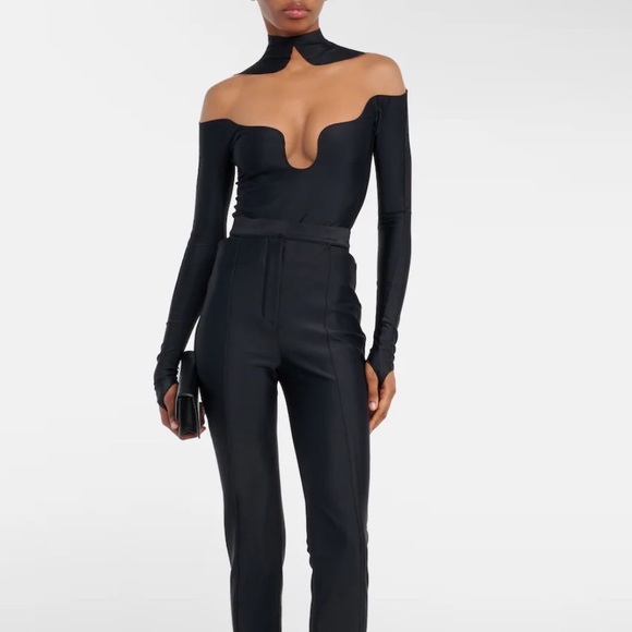 Mugler Lycra Mesh High Neck Cutout Long Sleeve Thumbhole Revolve Bodysuit Sz 42 - Picture 3 of 14